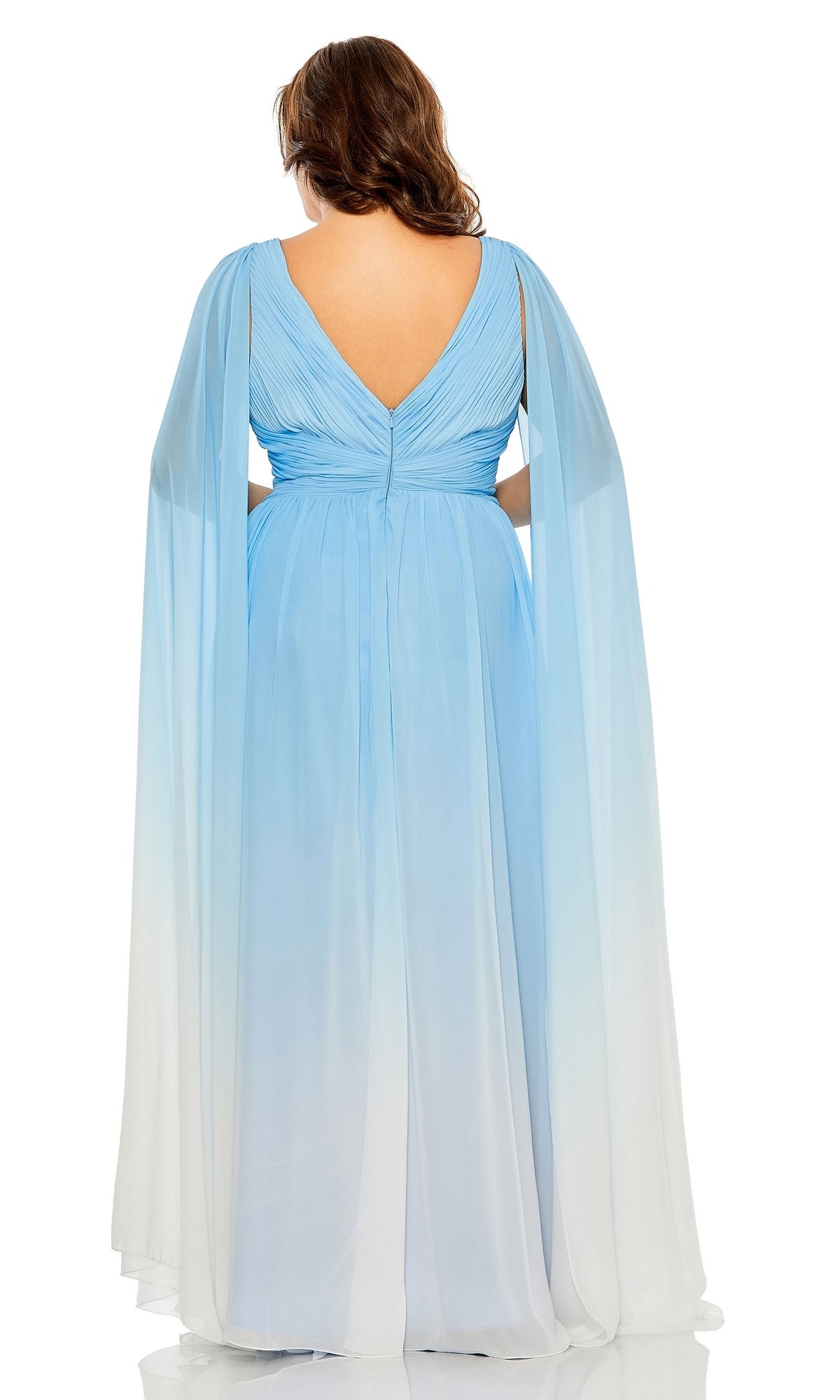 A woman is shown from the back wearing the Long Plus-Size Formal Dress 77010 by Mac Duggal, a floor-length pastel ombre gown featuring a deep V-back and flowing draped sleeves.